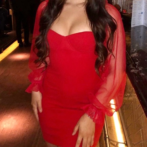 RED SHEER SLEEVE MINI BODYCON DRESS - Picture 4 of 16